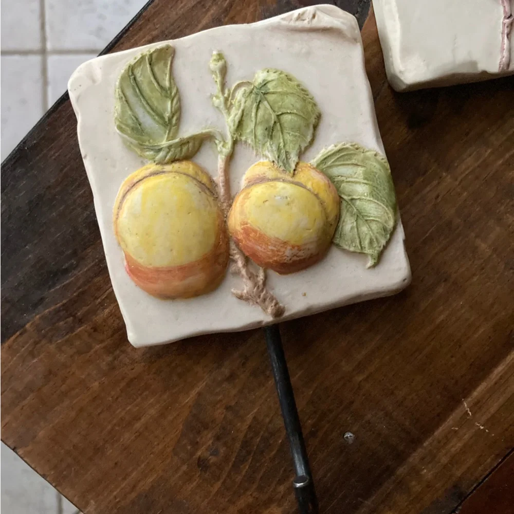 Set 3 Hen Feathers Resin Plaques/Wall Hooks. Pear, Peach, Apple. 3.5 x 3.5.